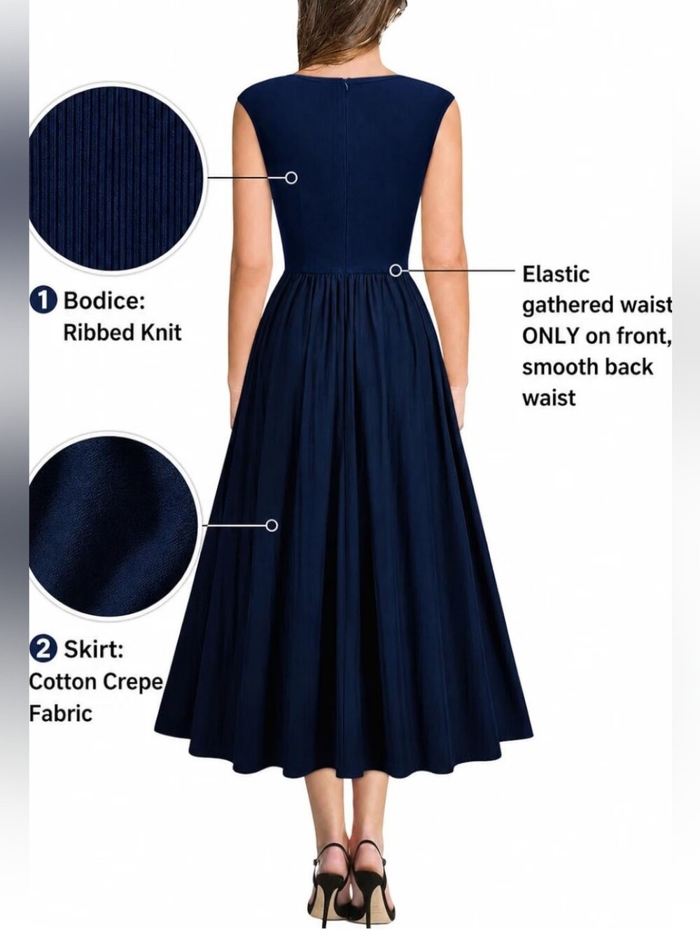 NWT Navy Retro Square Neck Fit & Flare Midi Dress L - Picture 4 of 6